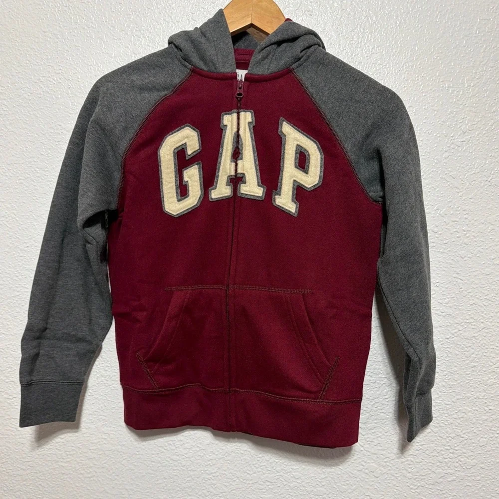 Gap Kids Full Zip Hoodie Burgundy Gray Raglan Logo Fleece Sweatshirt Size L 10